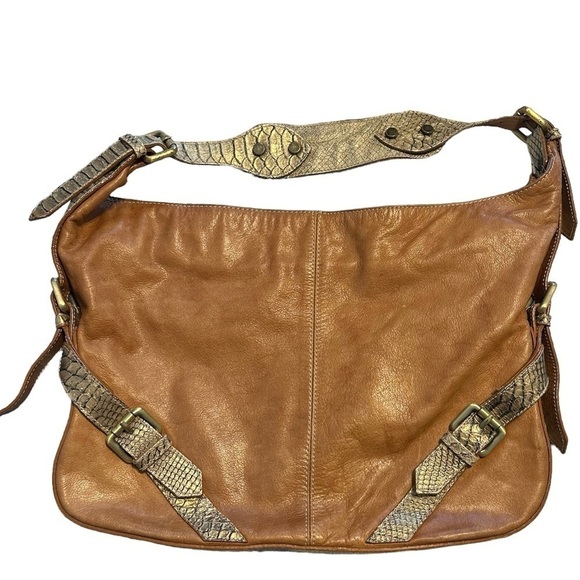 Pulicati Shoulder Bag Italian Made Camel Tan Leather Purse Snakeskin 14.5” x 11” - Picture 1 of 11